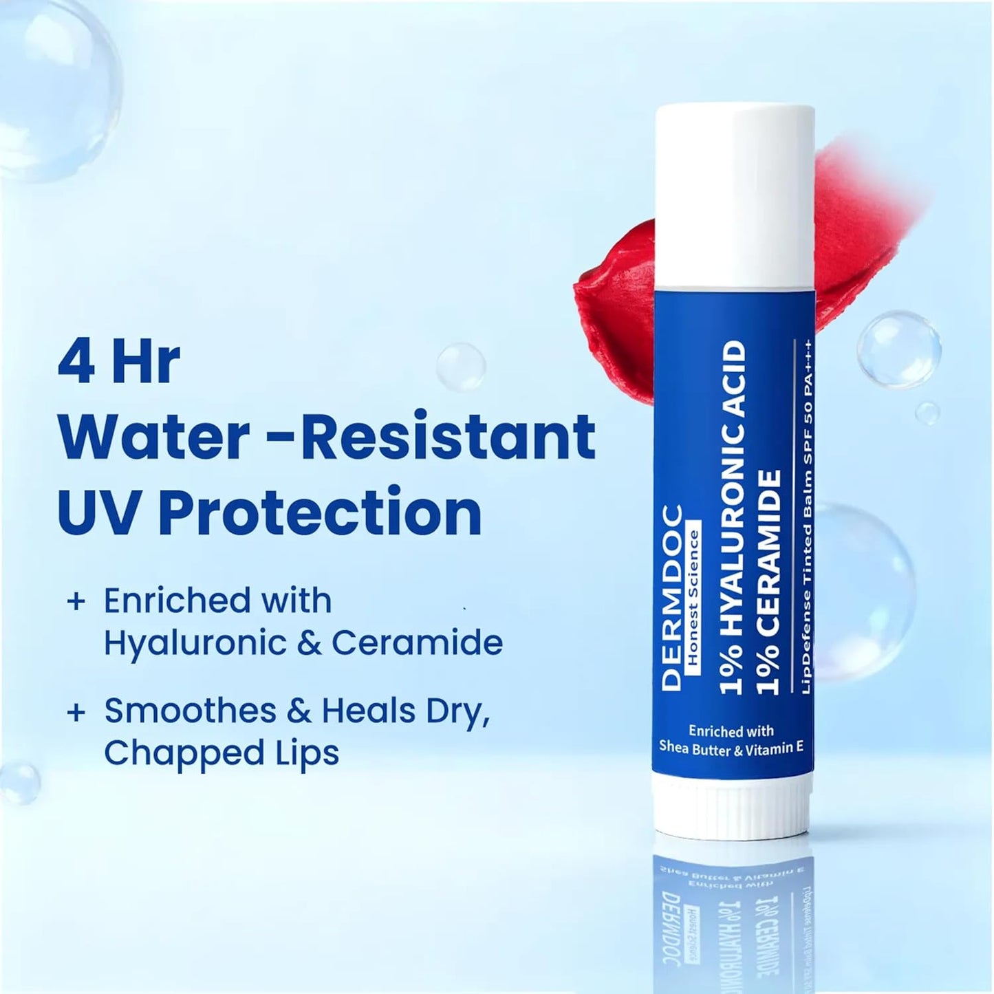 DermDoc 1% Hyaluronic Acid + 1% Ceramide Berry Tinted Lip Balm SPF 50 PA+++ 4 gm