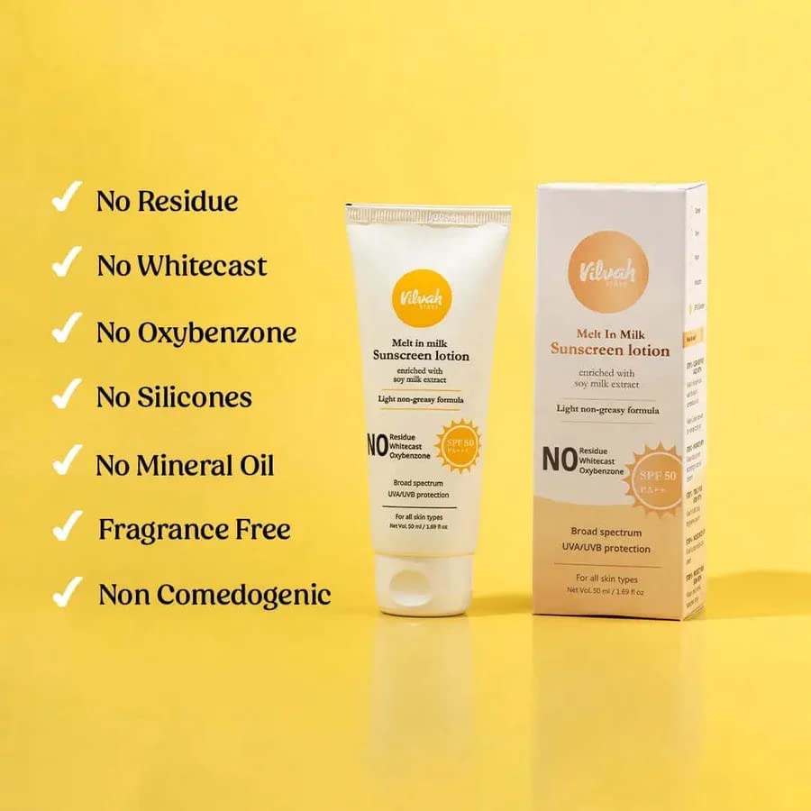 vilvah STORE Vilvah Melt-In-Milk Sunscreen For All Skins Spf 50 Pa+++ With Soy Milk Extract Lightweight, No White Cast Protects Skin From Dangerous Uva, Uvb & Blue Light For Men & Women, 60Ml