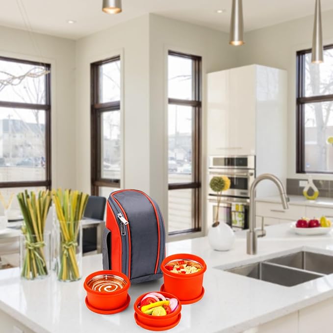 SOPL-OLIVEWARE Boss Stainless Steel Lunch Box, Microwave Safe & Leak Proof, 3 Ineer Steel Containers With Bpa Free Airtight Lids (290ml, 450ml, 600ml), Fabric Bag - Orange, 600ml