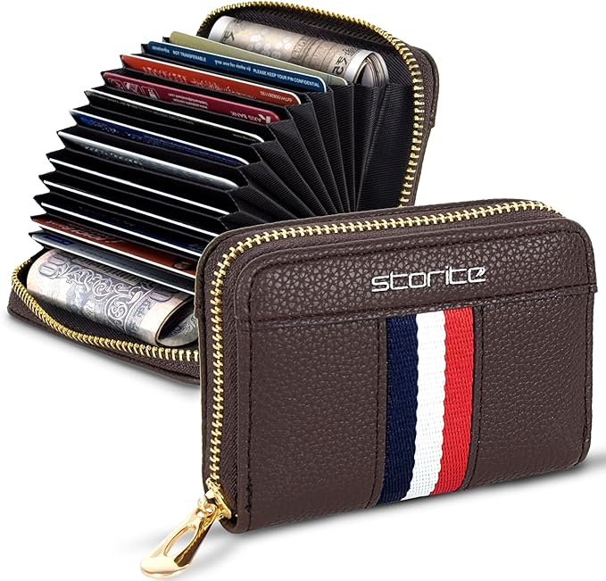 Storite 12 Slot PU Leather Credit Debit Card Holder Wallet Money Zipper Coin Purse for Men & Women - (Brown,10.75 x 8 x 2.5 cm)