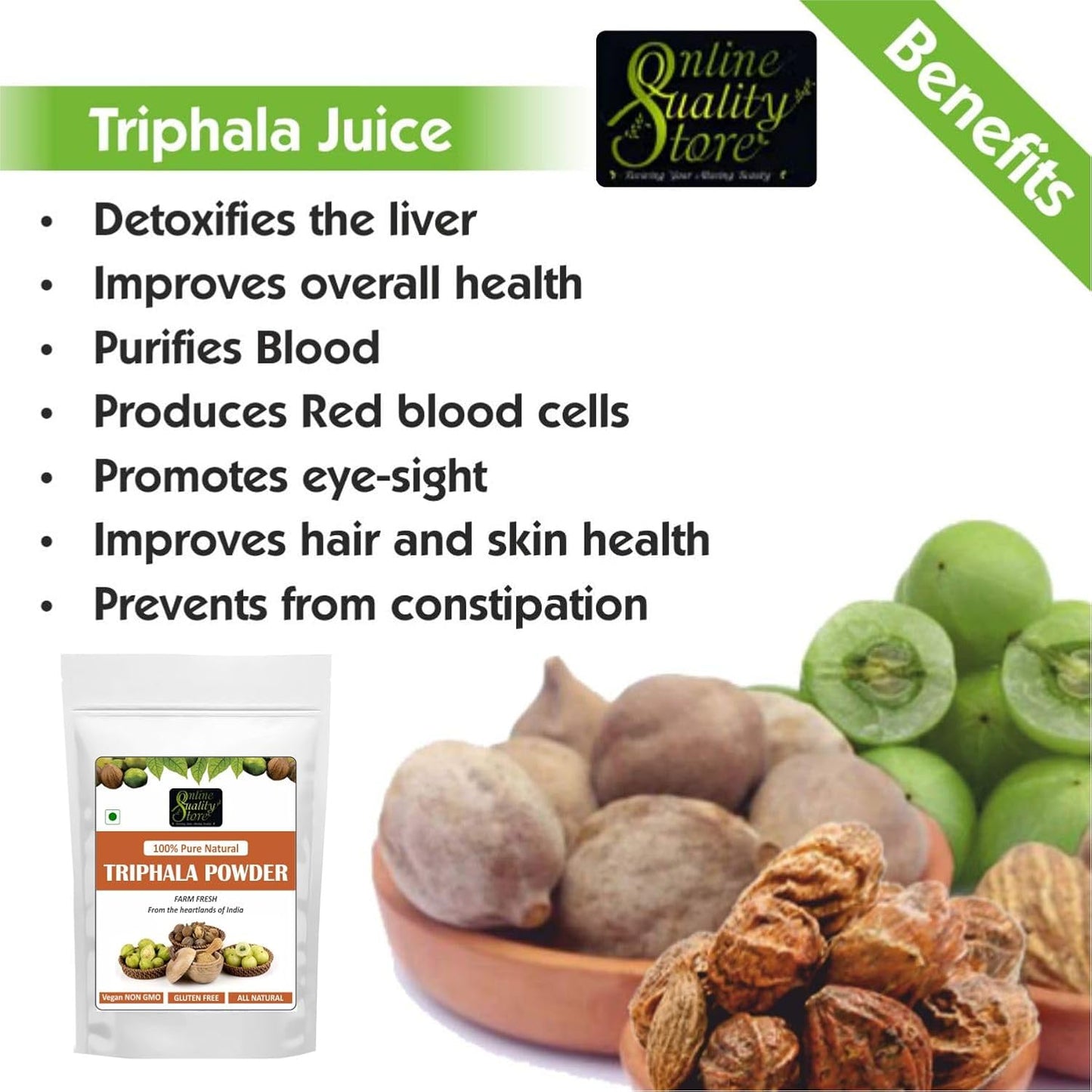Online Quality Store Triphala Powder - 100g for eating, hair and skin, churna powder of Amla, Behada, Harada