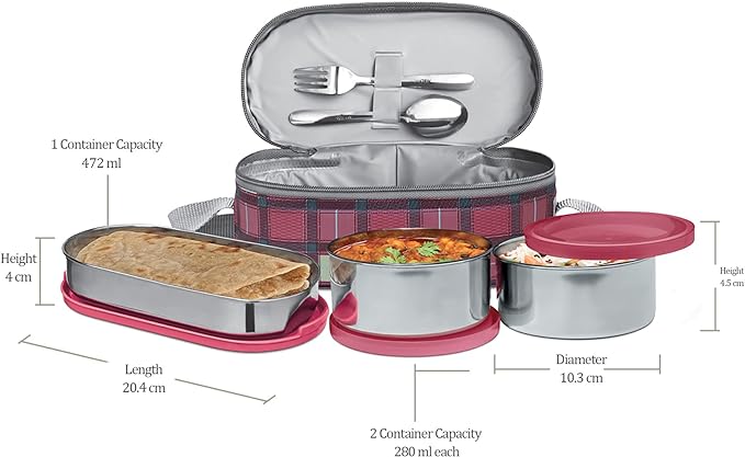 Milton Corporate Lunch 3 Stainless Steel Container Lunch Box with Bag, Pink, 500 & 280 ml