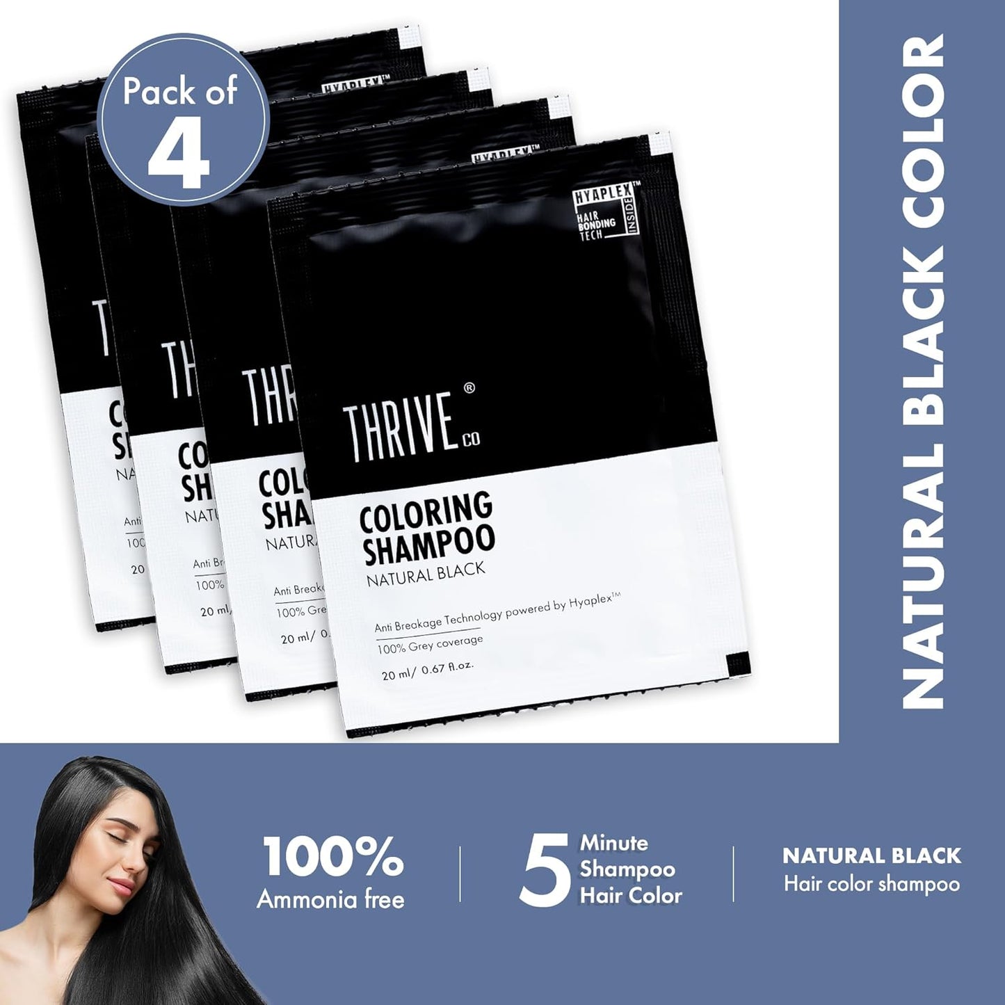 ThriveCo Natural Black 5-Minute Coloring Shampoo | 100% Grey Coverage - 20ml X 4 | Ammonia-Free | Infused with Hyaplex™ | Hydrates Hair & Delivers Deep, Long-Lasting Color | 80 ML