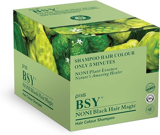 BSY Noni Black Hair Magic Hair color shampoo (12ml x 5 Sachets) | Ammonia Free | Natural Black Permanent Hair Dye Shampoo for women | Noni Fruit Hair Dye | 5 Minutes Hair Colour