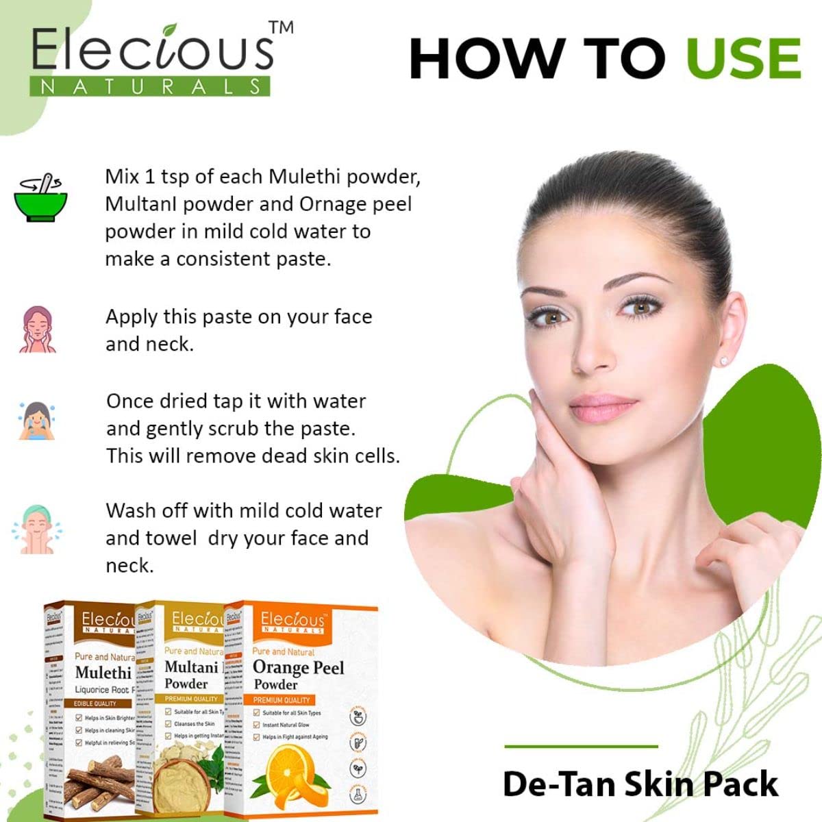 Elecious Mulethi Powder, Multani Powder and Orange Peel Powder Combo (200 grams each = 600 gm