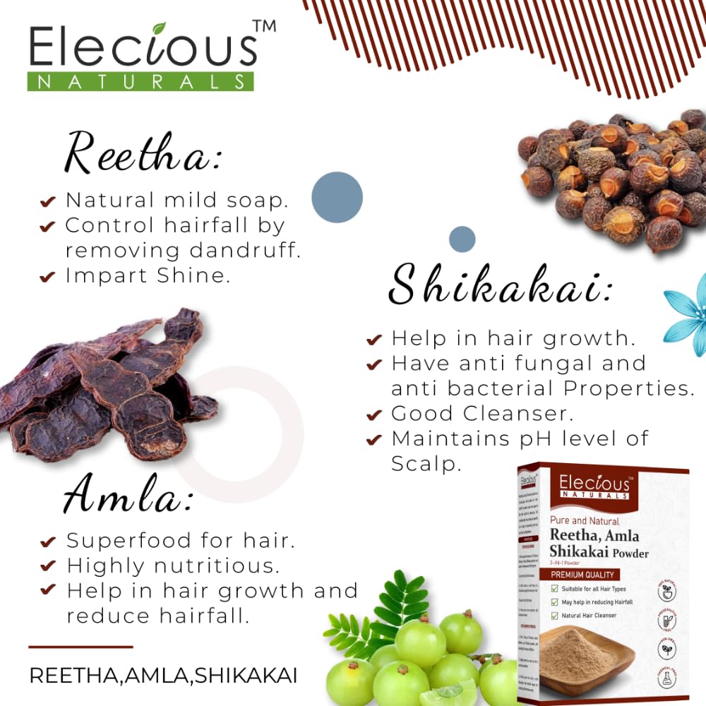 Elecious Pure Amla, Reetha, Shikakai Powder for Hair, 200 gm