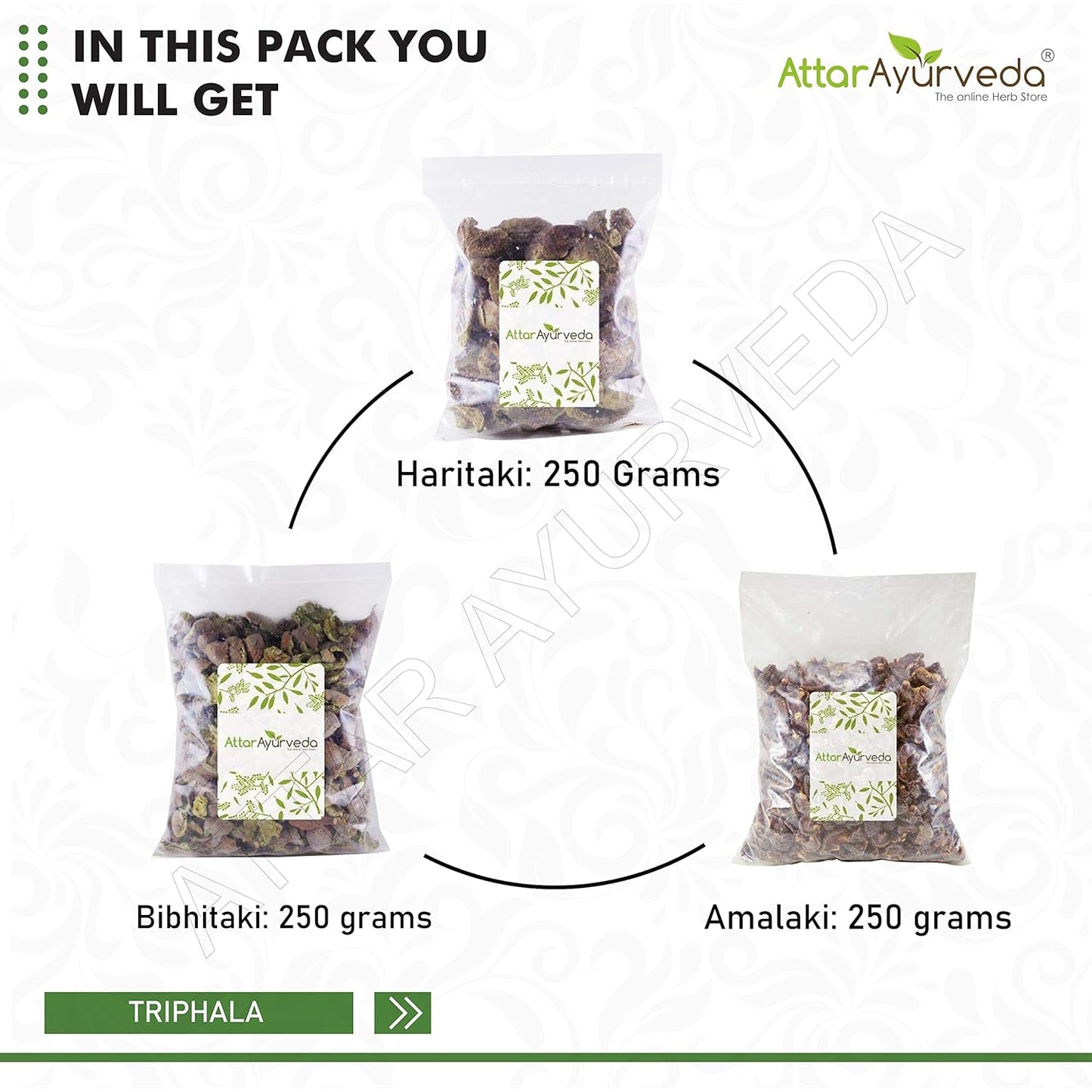 Attar Ayurveda Triphala Raw (1:1:1) - 750 grams, Raw, Whole - Harad, Baheda, Amla