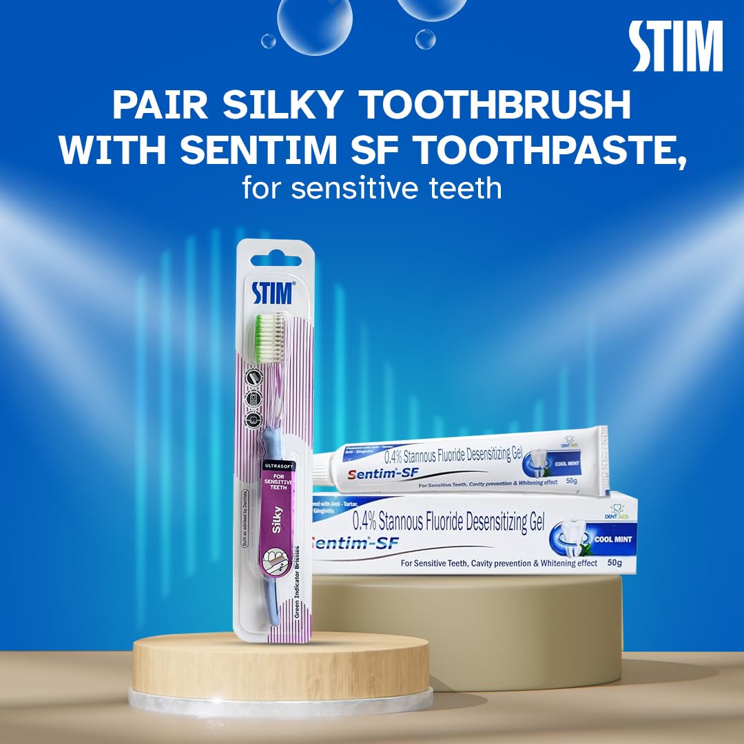 STIM Silky | Ultra soft toothbrush | Extra gentle bristles | Cleans along the gum line | Cleans till 3rd Molar - Pack of 3