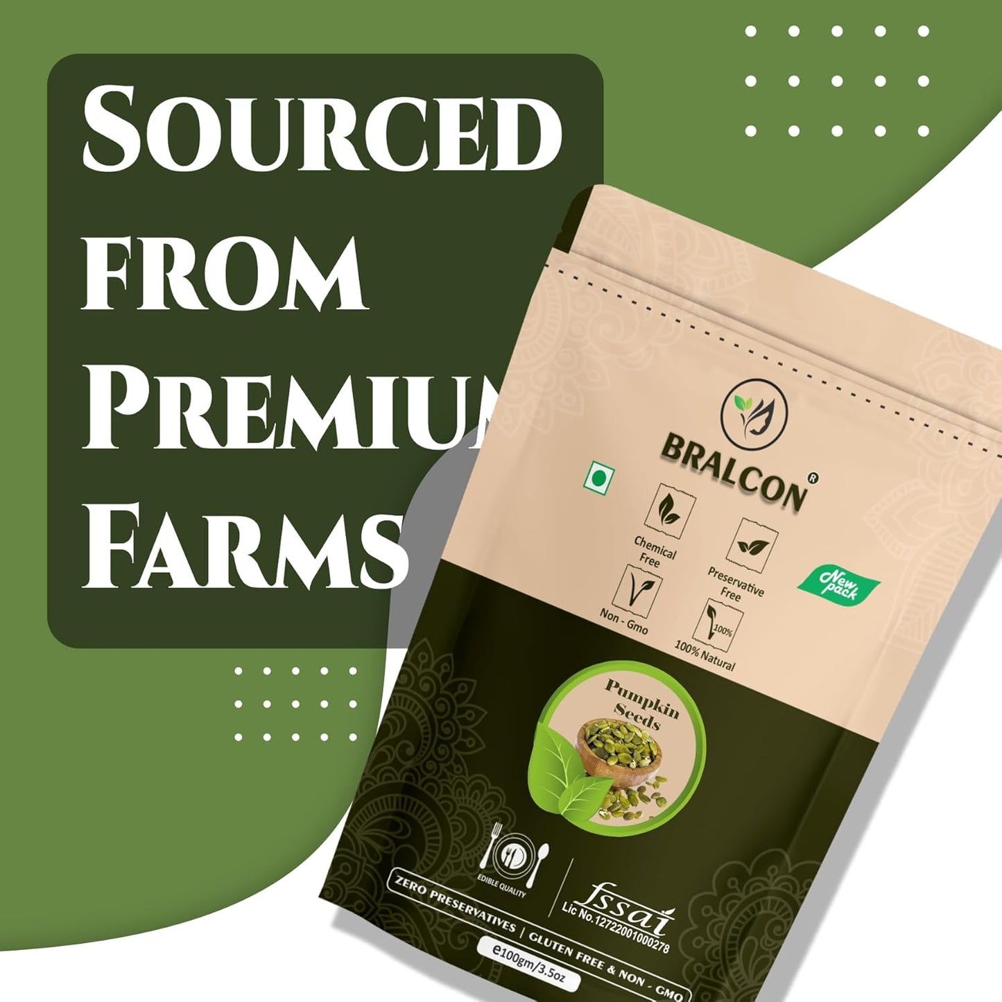BRALCON Organic Pumpkin Seeds - 100g | Raw Unroasted Pumpkin Seeds for Eating | Protein and Fiber Rich Superfood | Rich in Omega-3 fatty acids