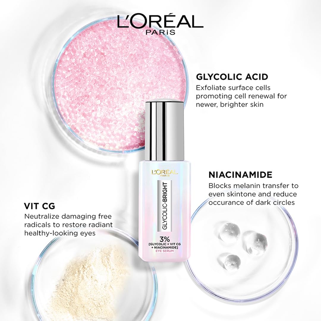 Loreal Paris Glycolic Bright Dark Circle Eye Serum with 3% [GLYCOLIC + VIT CG + NIACINAMIDE], 20 ml