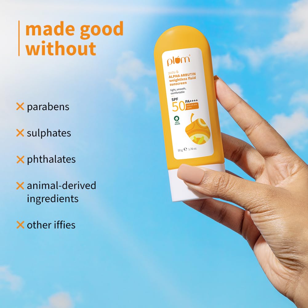 Plum Yuzu & Alpha Arbutin Fluid Sunscreen SPF 50 PA++++ | Boosts Glow & Skin Barrier | Fade Tan & Dark Spots | Quick-Absorbing | No White Cast & Non-Greasy | Women & Men | for All Skin Types | 50g