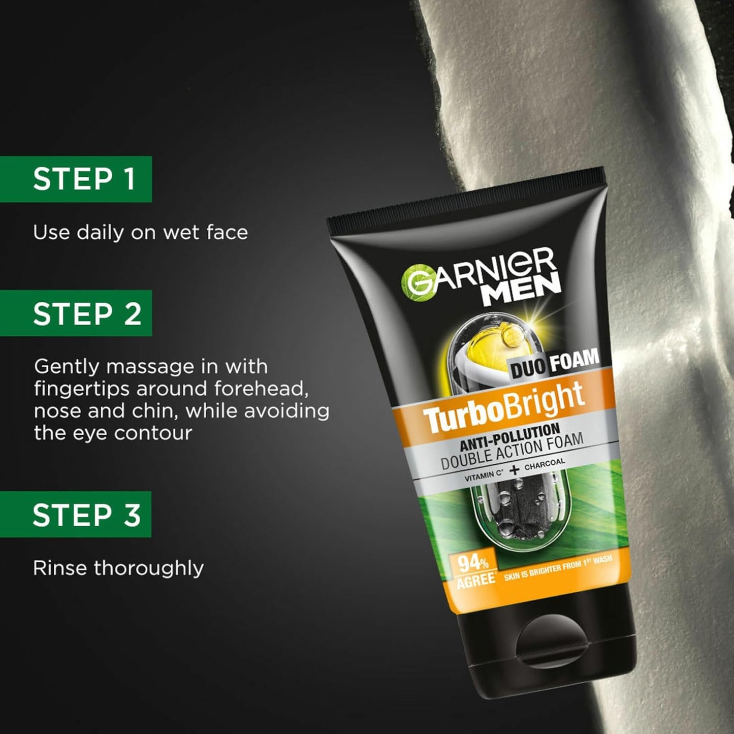 Garnier Men Face Wash Brightening & Anti-Pollution, Turbo Bright Double Action, 100 gm (Pack of 2)