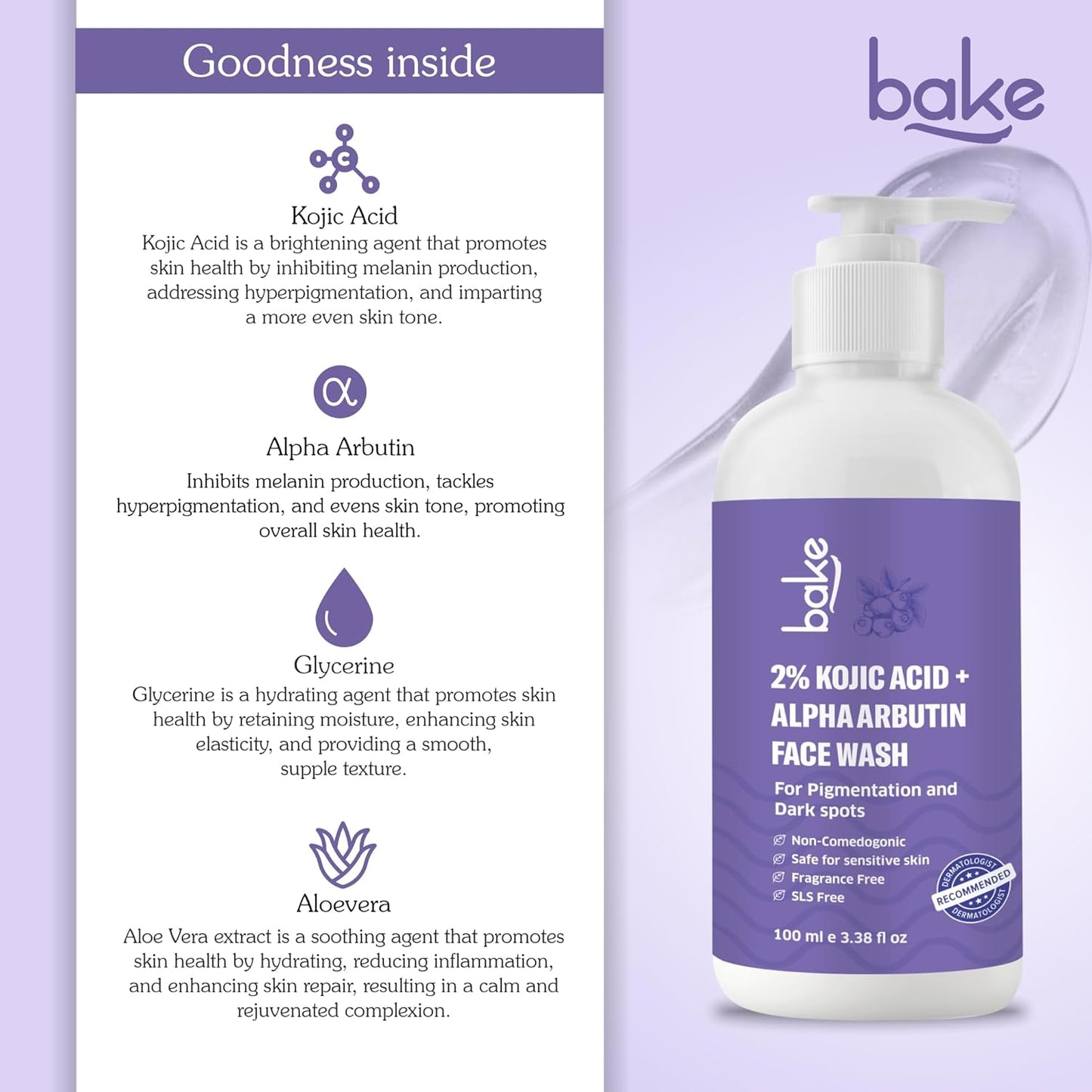 BAKE 2% Kojic Acid Brightening Face Wash with Alpha Arbutin & Niacinamide | De-Tan Face Wash | For Pigmentation, Dark Spots & Tan Removal | Anti Pigmentation Daily Wash - 100ml