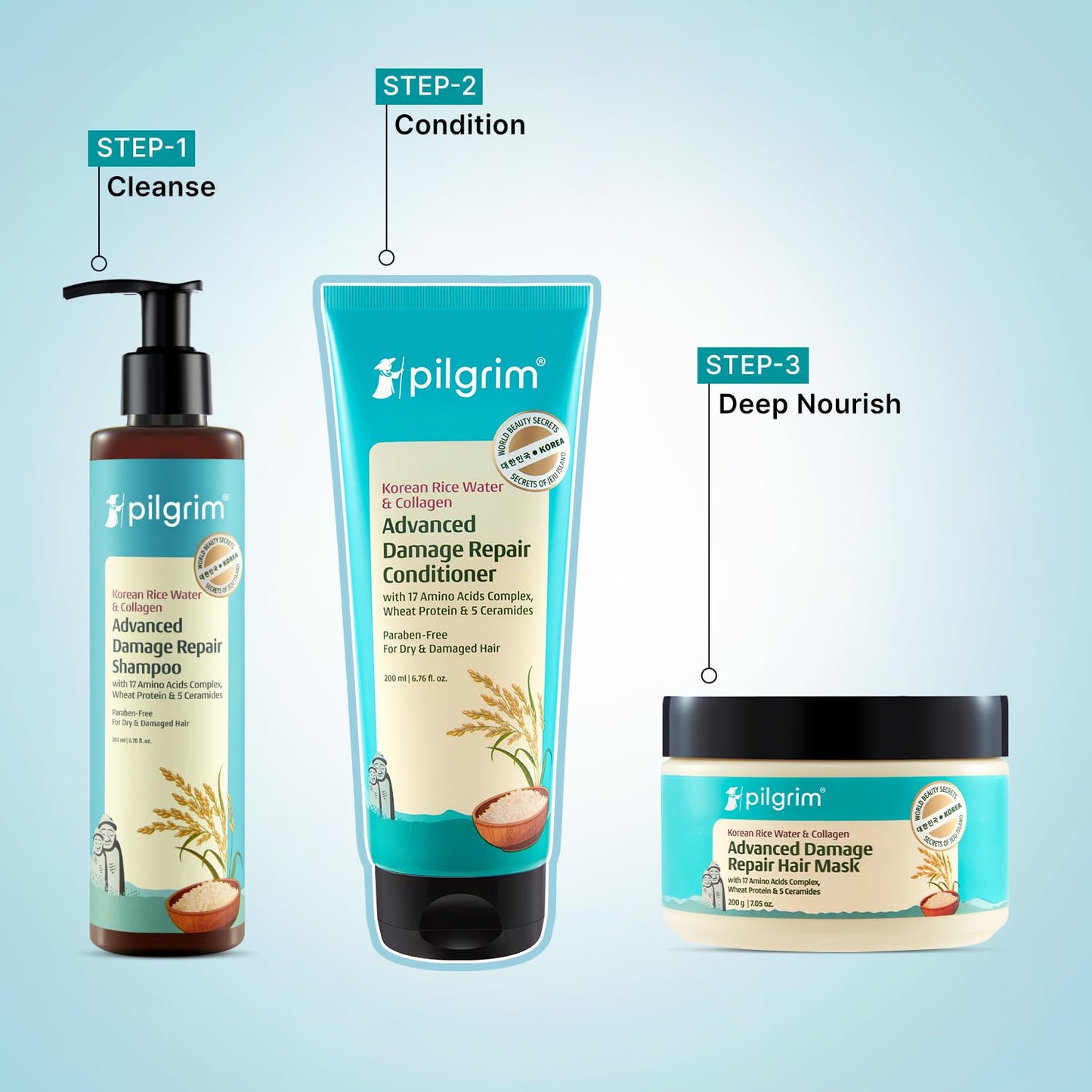 Pilgrim Korean Rice Water & Collagen Advanced Damage Repair Conditioner - 200 ml | With 17 Amino Acids, Wheat Protein & Ceramides