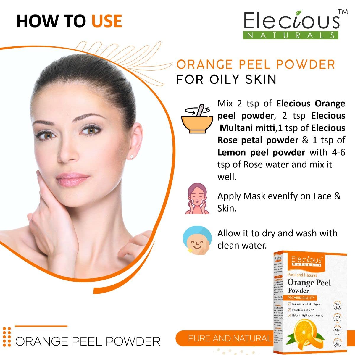 Elecious Orange Peel Powder For Skin and Face, 200 gm