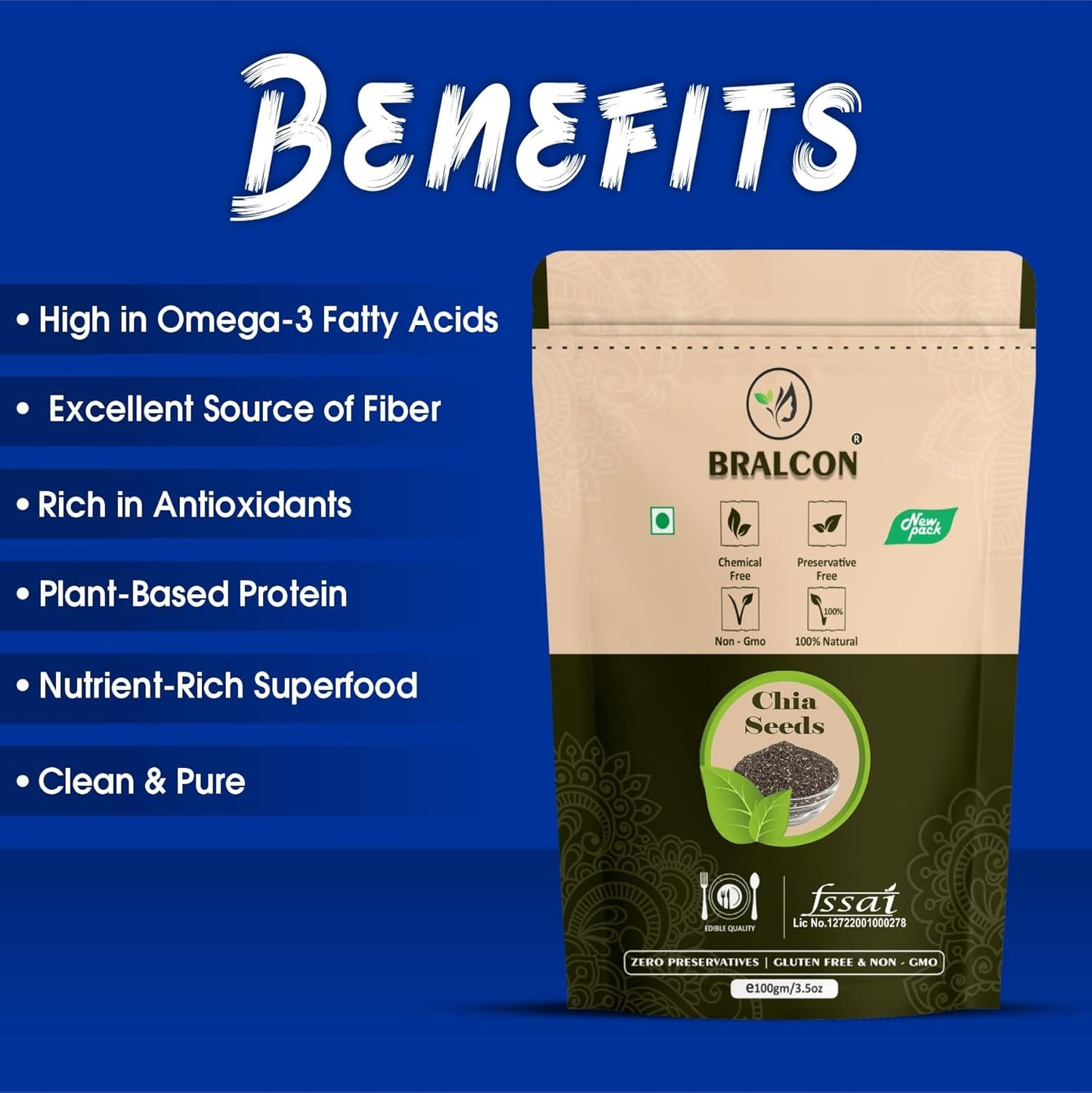 Bralcon Raw Unroasted Organic Chia Seeds - 100 gm