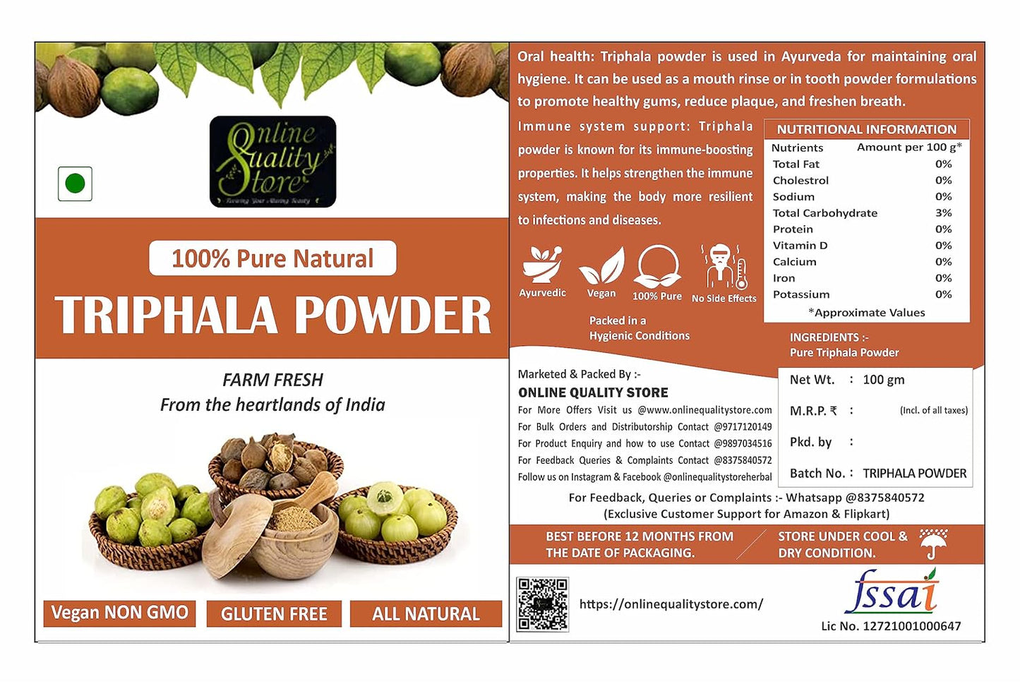 Online Quality Store Triphala Powder - 100g for eating, hair and skin, churna powder of Amla, Behada, Harada