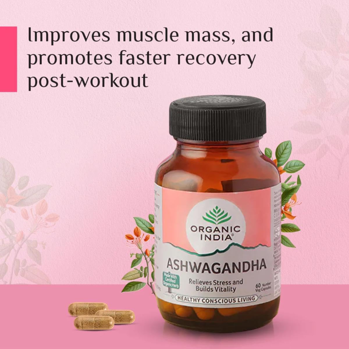 A TATA Product - Organic India Ashwagandha Capsules - 180 Veg Caps, Vitality & Relieves Stress, Naturally Boosts Energy & Stamina, Improves Immune System, GMP & NPOP Certified Organic