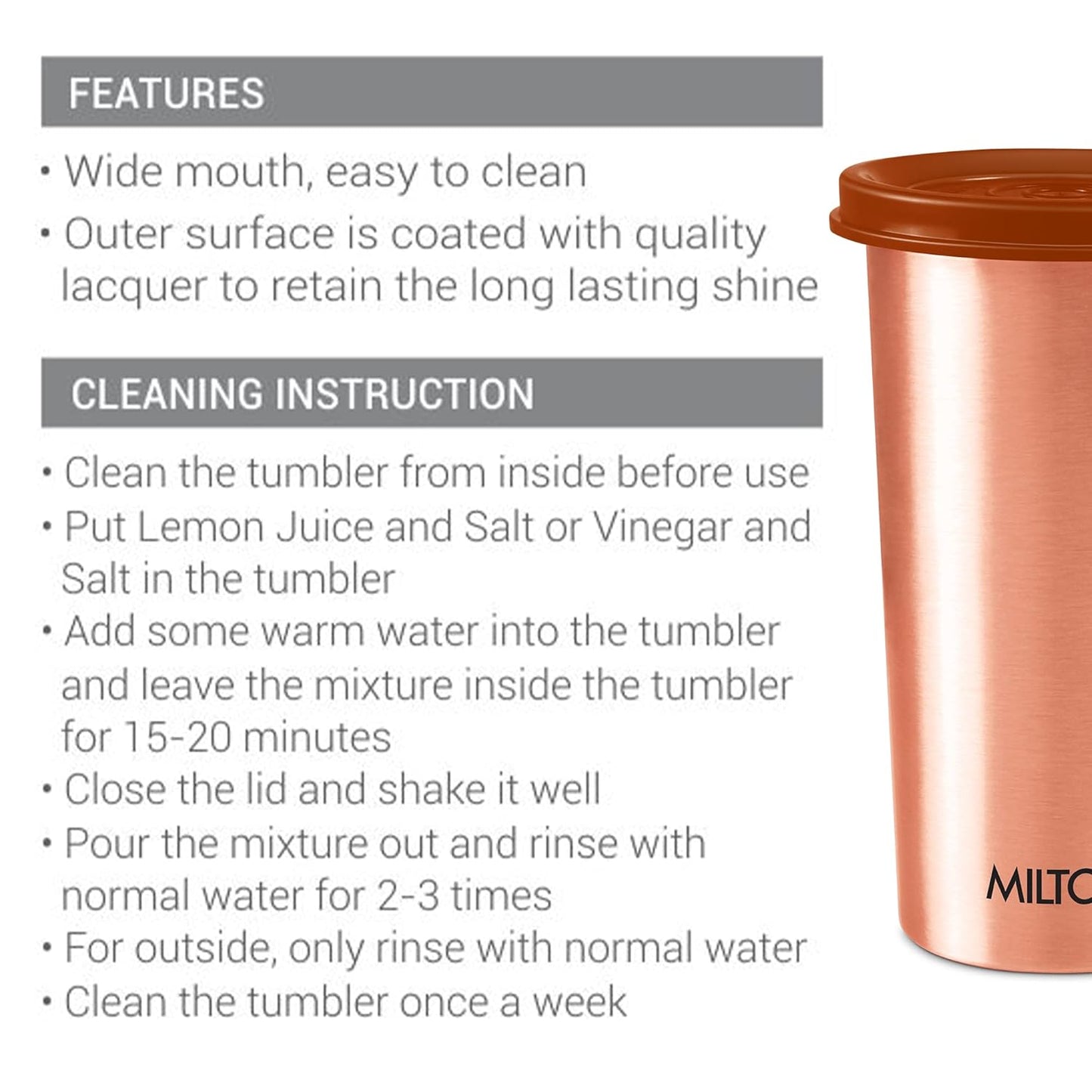 MILTON Copper Tumbler with Lid, 480ml