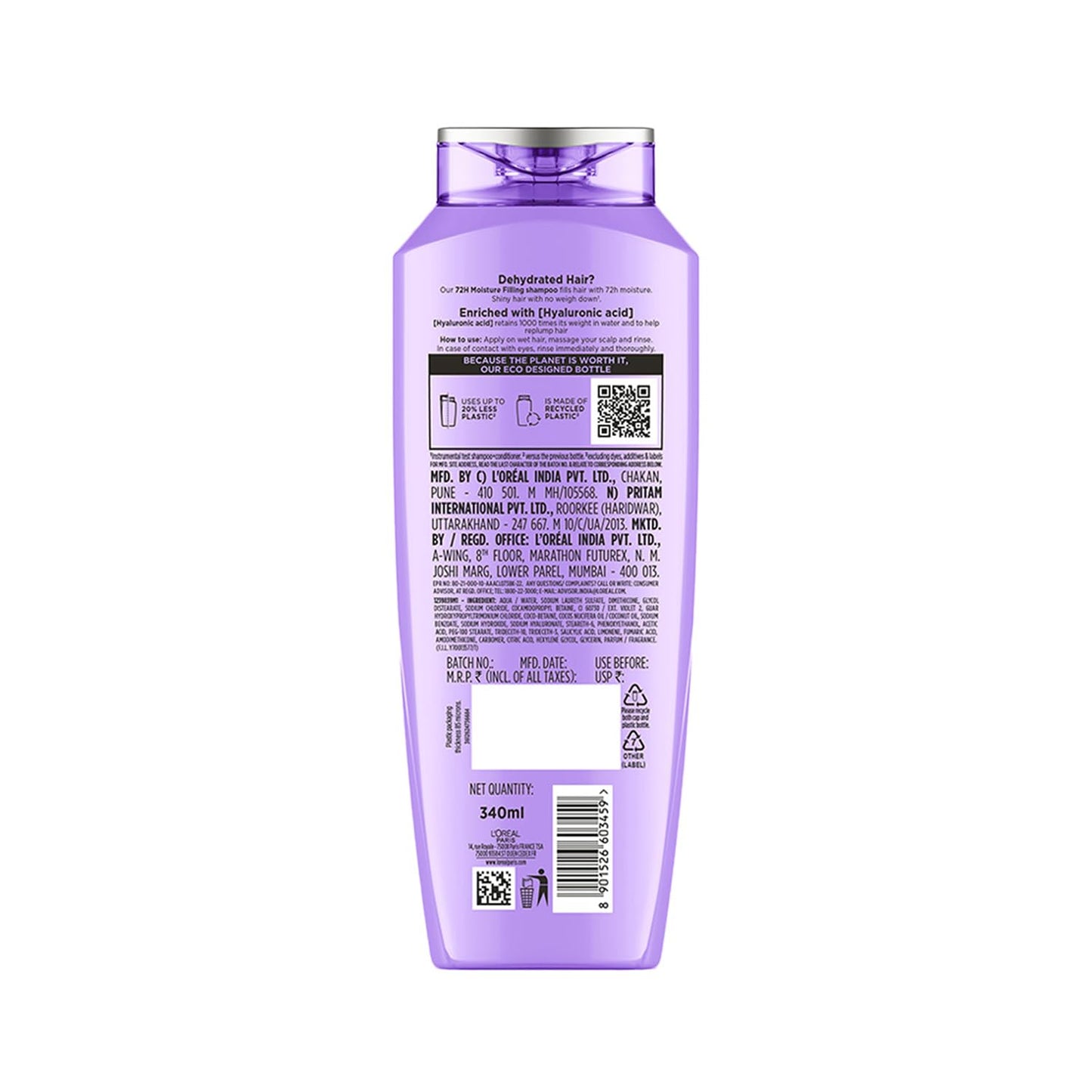 Loreal Paris  72H Moisture Filling Shampoo, With Hyaluronic Acid, 340 ml