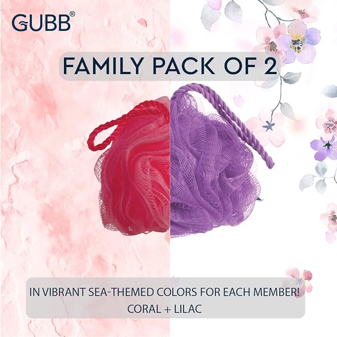 GUBB Luxe Bath Sponge Round Loofah For Women & Men, Bathing Scrubber For Body - Coral & Lilac