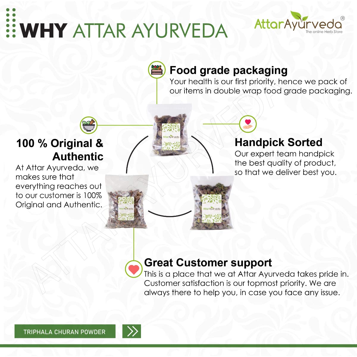 Attar Ayurveda Triphala Raw (1:1:1) - 750 grams, Raw, Whole - Harad, Baheda, Amla