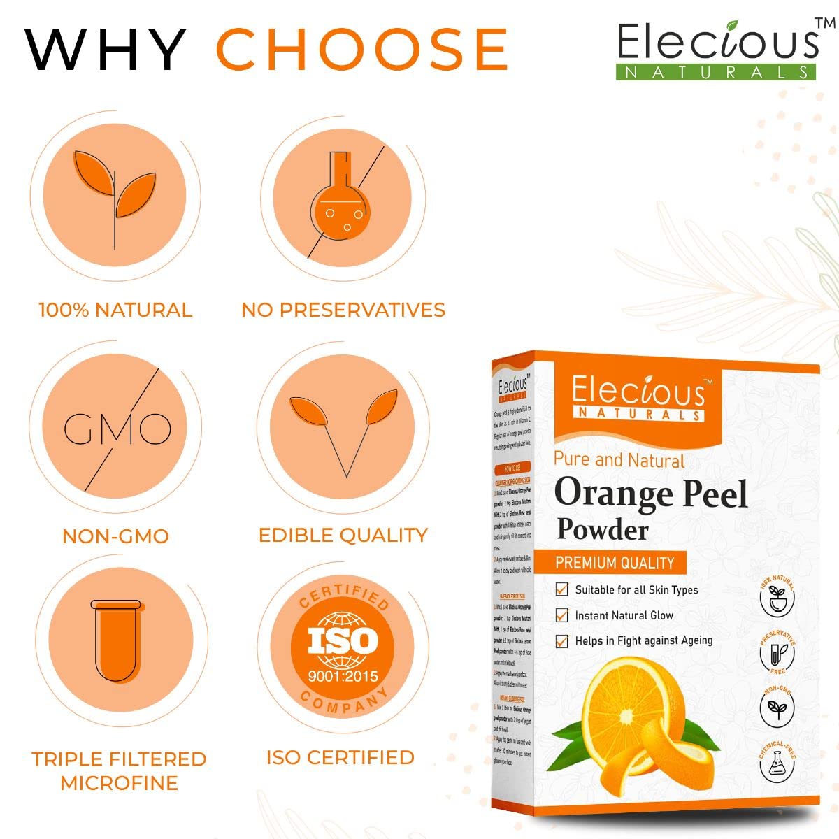 Elecious Orange Peel Powder For Skin and Face, 200 gm