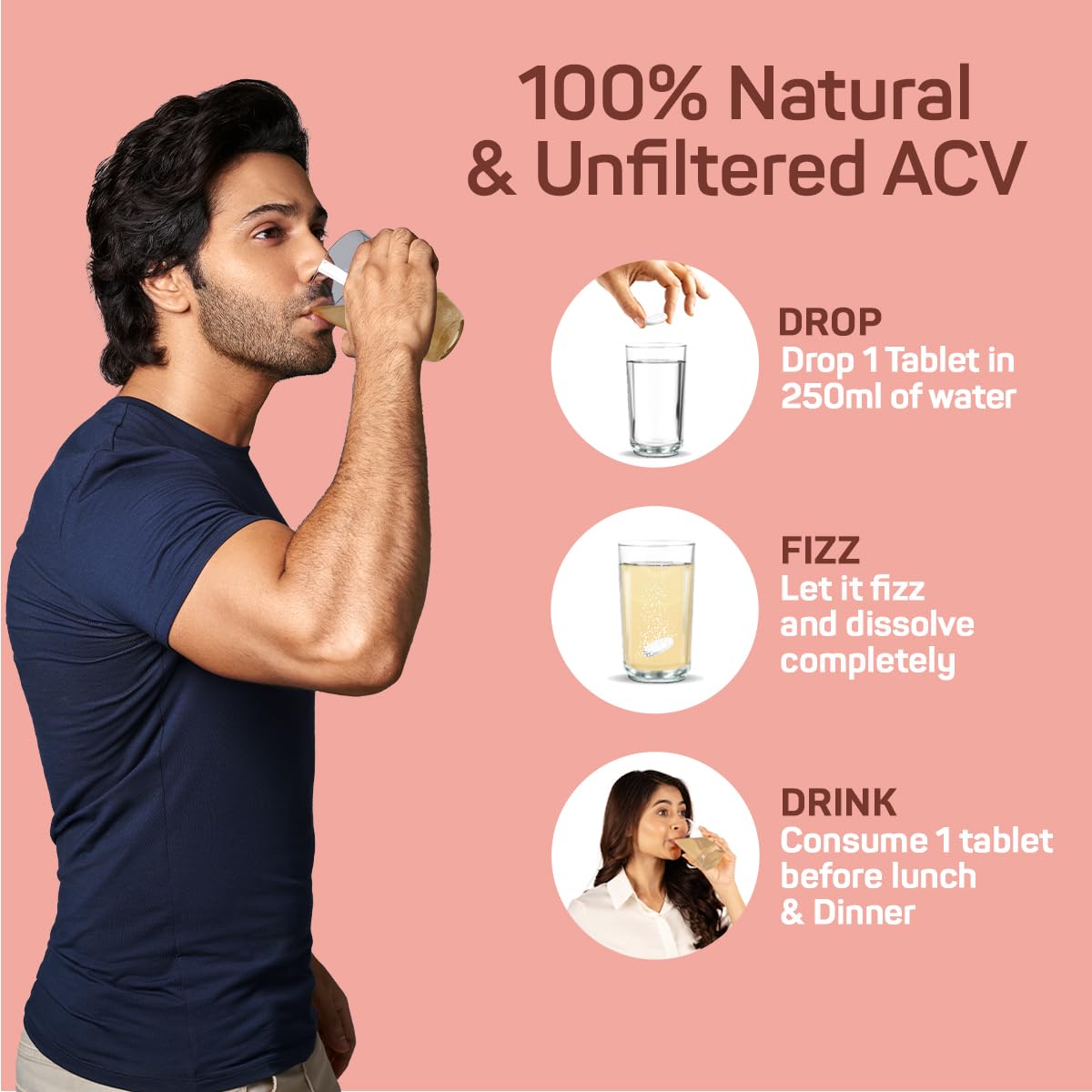 Fast&Up Apple Cider Vinegar with Mother (60 Effervescent tablets) | 1000mg ACV For Weight Management & Bloating | Made with 100% Natural Himalayan Apples| Added Vit. B6 & B12 | Green Apple Flavour