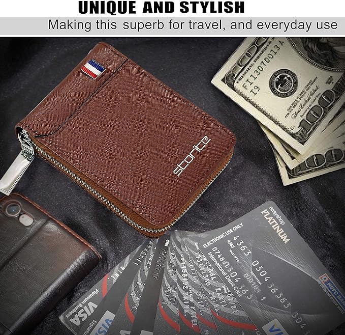 Storite PU Leather 9 Slot Vertical Card Holder Money Wallet Zipper Coin Purse for Men Women -Light Brown,