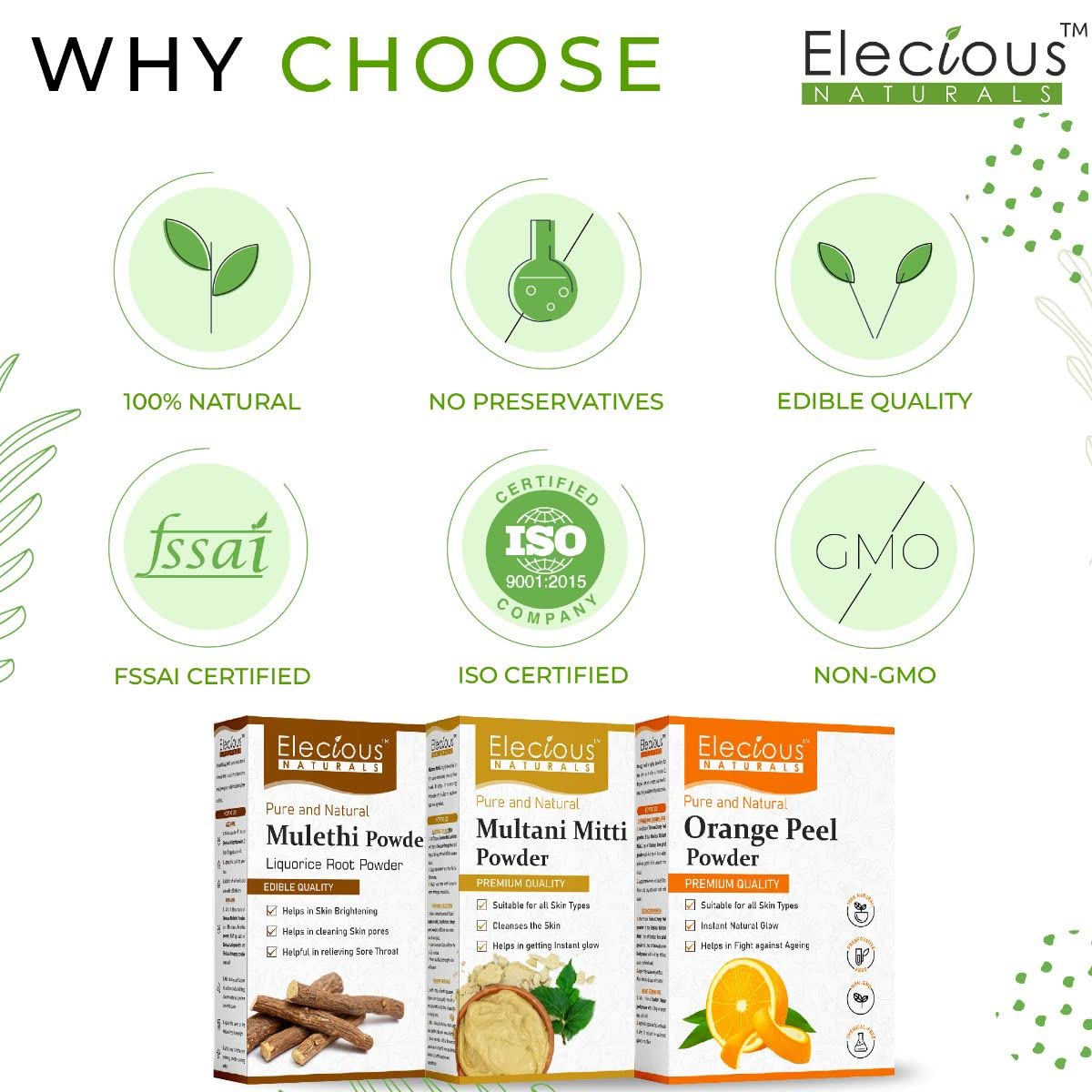 Elecious Mulethi Powder, Multani Powder and Orange Peel Powder Combo (200 grams each = 600 gm