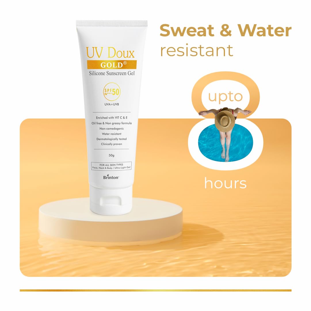 UV Doux Gold Silicone Sunscreen Gel SPF 50 PA+++|With Vitamin C & E|Broad Spectrum UVA/UVB Protection|Anti-Aging, Antioxidant-Rich, Water-Resistant Gel for Hyperpigmentation|Benzene-Free|50g