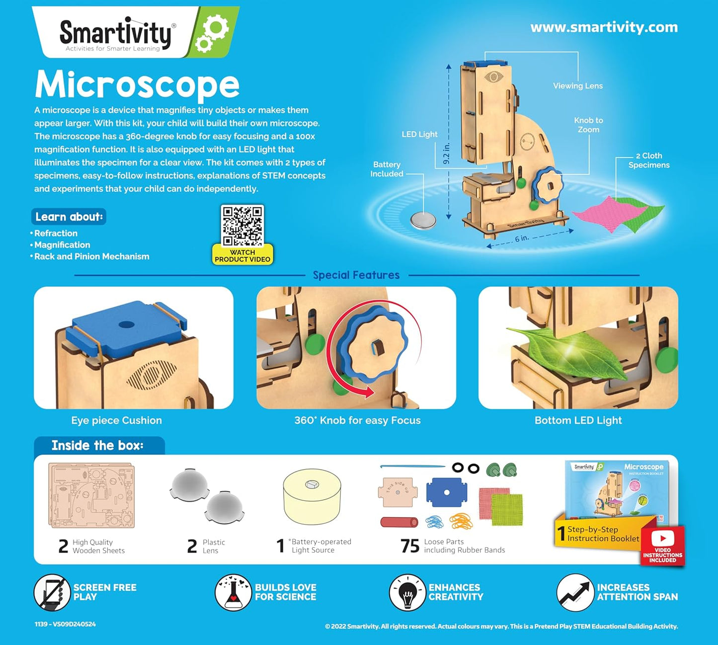 Smartivity Microscope 100x Zoom Toy for Kids Age 8-10-12-14 Years Old