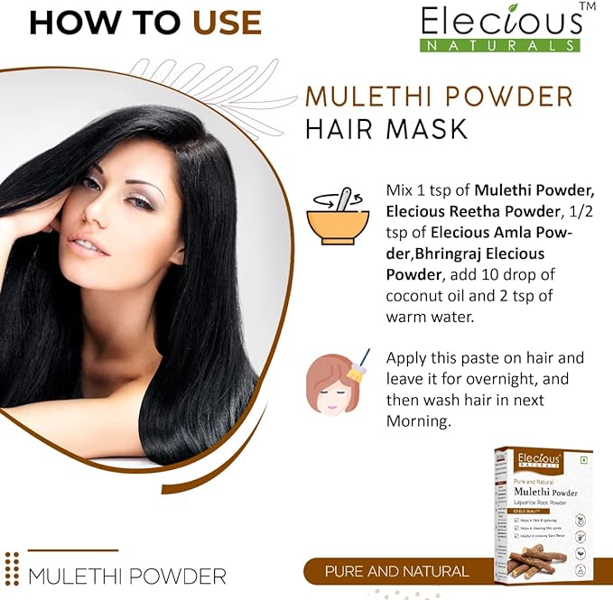 Elecious Mulethi Powder For Body, Skin, Face and Hair (200g), Skin Whitening | Yashtimadhu Powder, Liquorice Powder for Eating