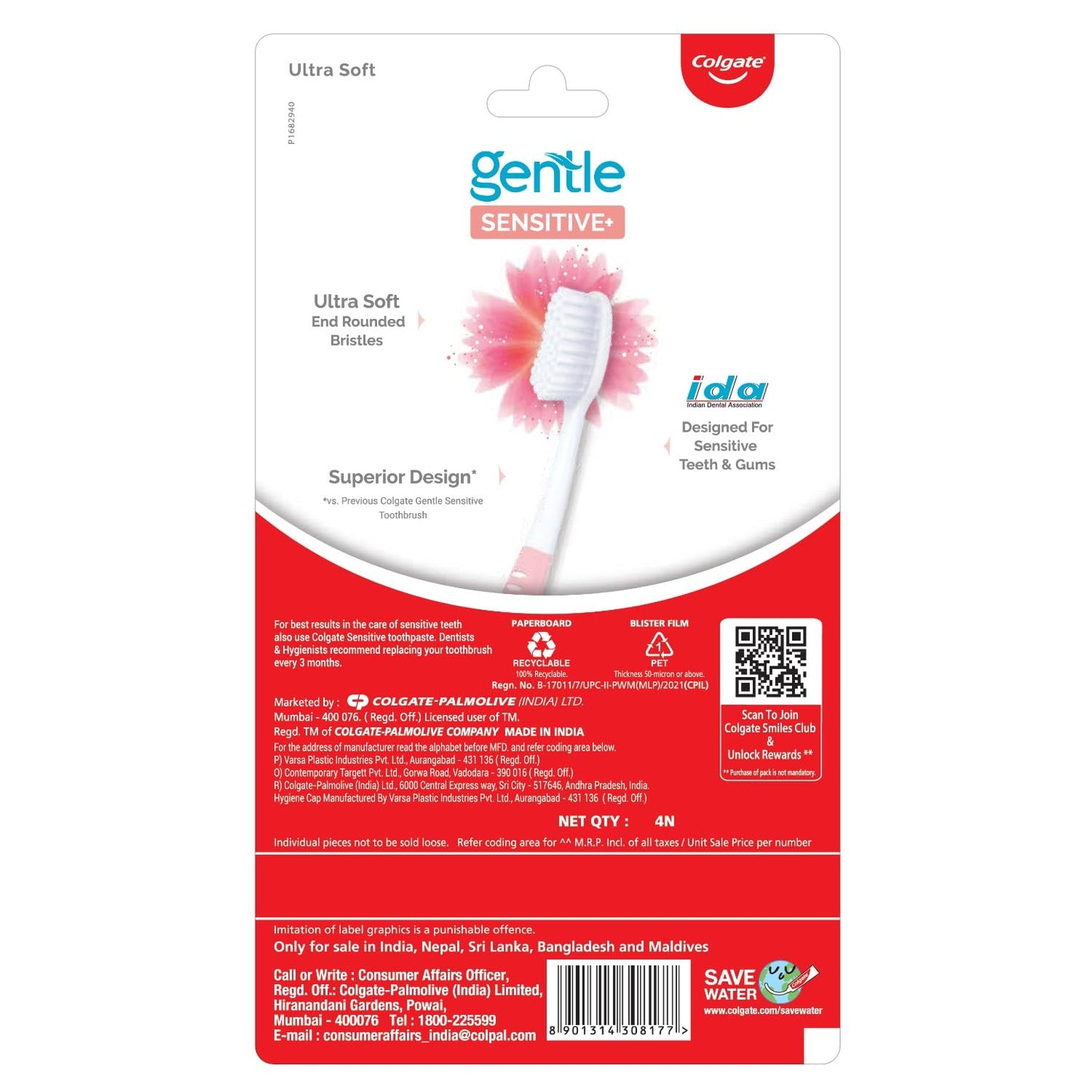 Colgate Gentle Sensitive Soft Bristles Manual Toothbrush, 4Pcs, Multi Colour