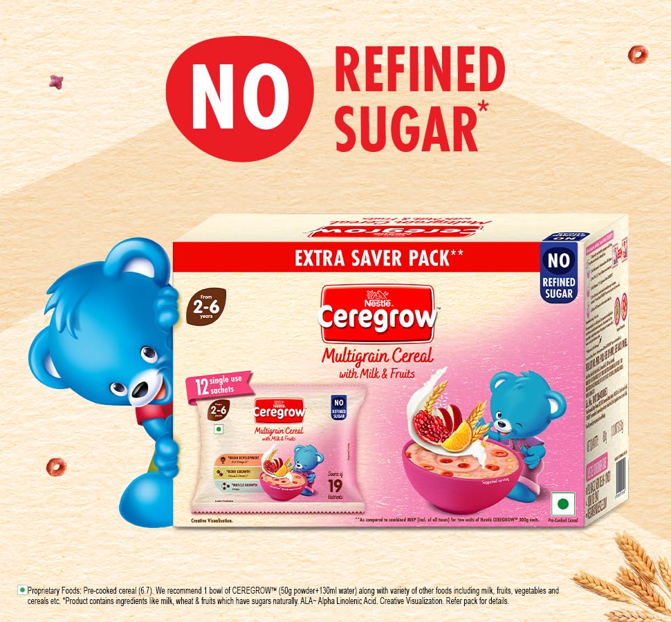 Nestle Ceregrow Multigrain, Milk & Fruits Cereal, Source of Iron,Omega 3, Protein, Calcium, 19 Nutrients, 600 gm