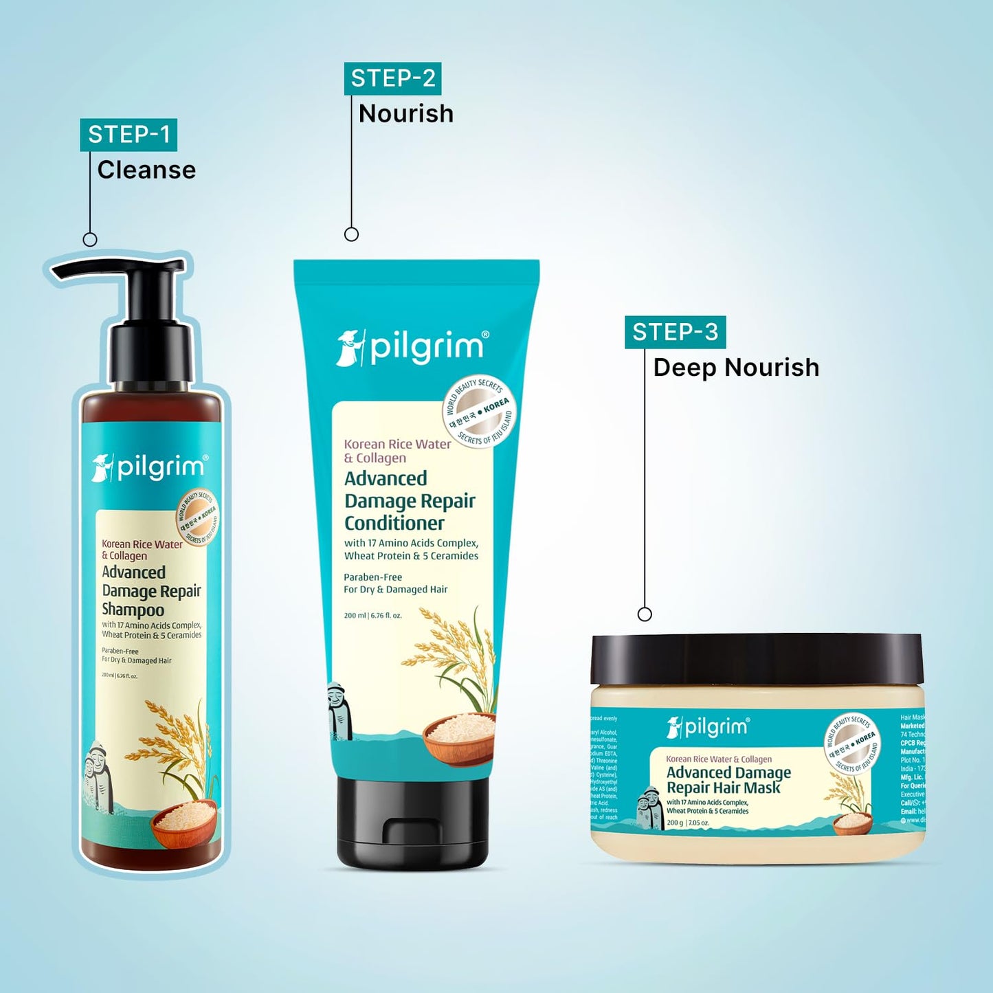 Pilgrim Korean Rice Water & Collagen Advanced Damage Repair Shampoo - 400ml | with 17 Amino Acids, Wheat Protein & 5 Ceramides