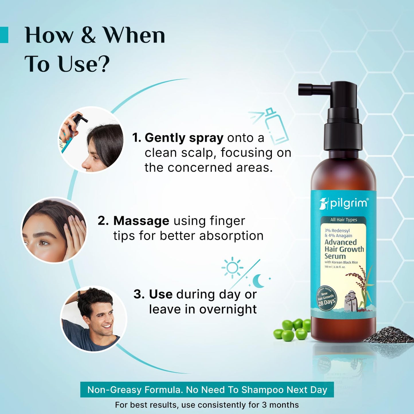 Pilgrim Redensyl 3% + Anagain 4% Advanced Hair Growth Serum with Korean Black Rice, 100 ml
