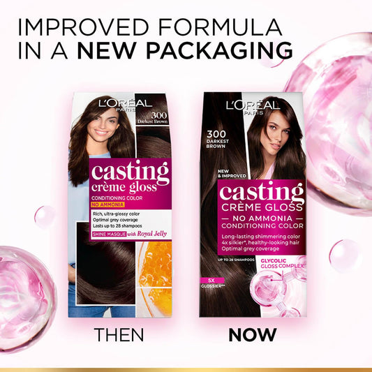 Loreal Paris Casting Crème Gloss Hair Color With Glycolic Gloss Complex, Shade 300 - Darkest Brown, 60 gm + 40 ml + 60 gm