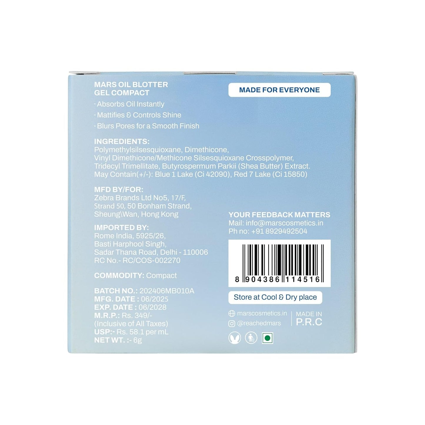 MARS All Oil Blotter Gel Compact for Poreless Effect (5gm) with Applicator | Oil Control | Mattifying Formula | Long-Lasting | Shine Free Matte Finish | Flawless Skin