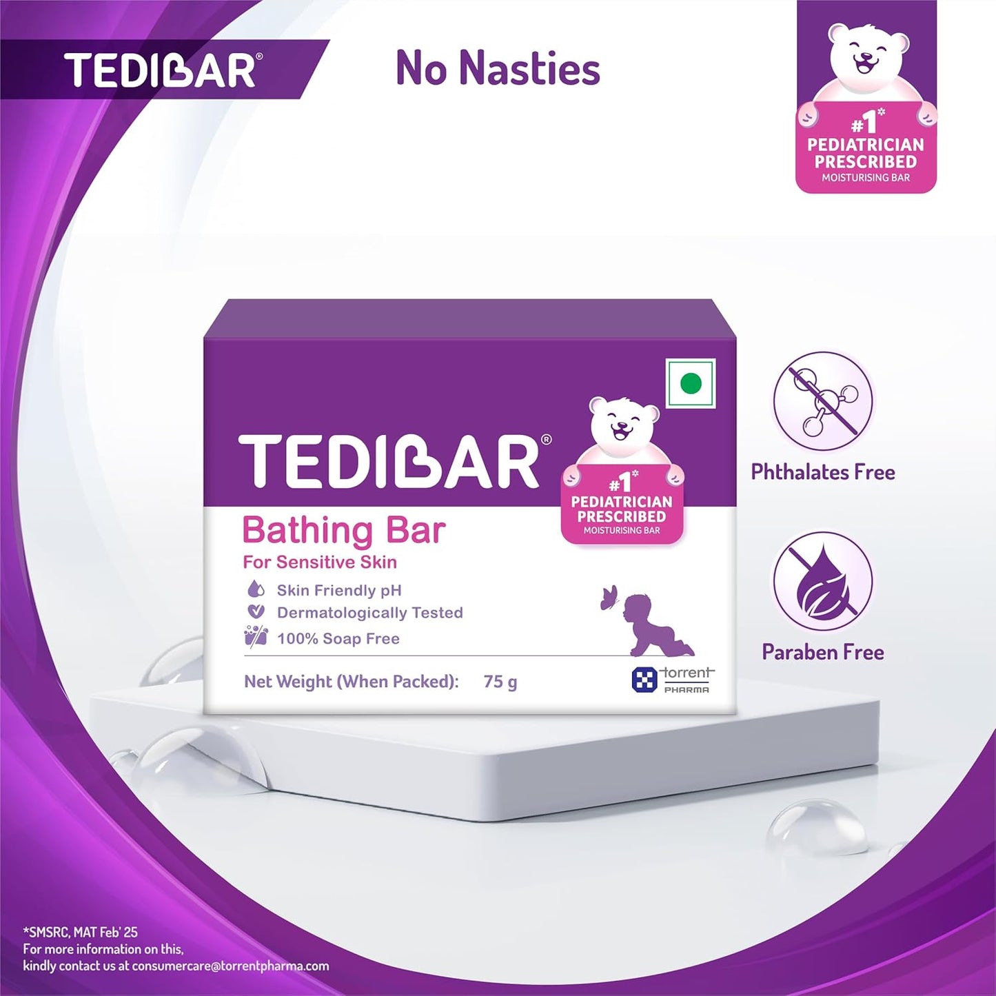Tedibar Moisturising Baby Bathing Bar 75g (Pack of 1) 100% Soap Free No. 1* Pediatrician Prescribed Moisturising Bar - By Torrent Pharma