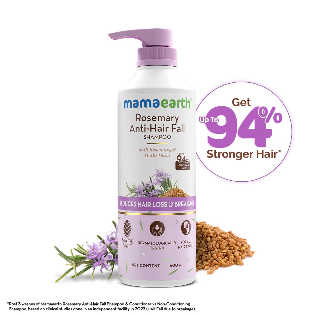 Mamaearth Rosemary Anti-Hair Fall Shampoo With Rosemary & Methi Dana For Reducing Hair Loss & Breakage,Gives Up To 94% Stronger Hair,Up To 93% Less Hair Fall  |For Unisex,600 Ml