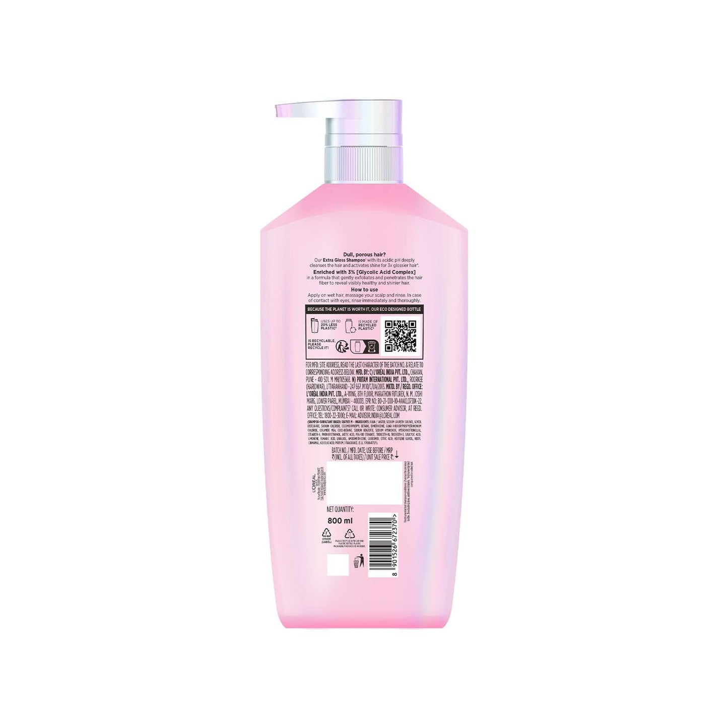 Loreal Paris Glycolic Gloss Shine Boosting Shampoo, 3% Glycolic Acid, 800 ml