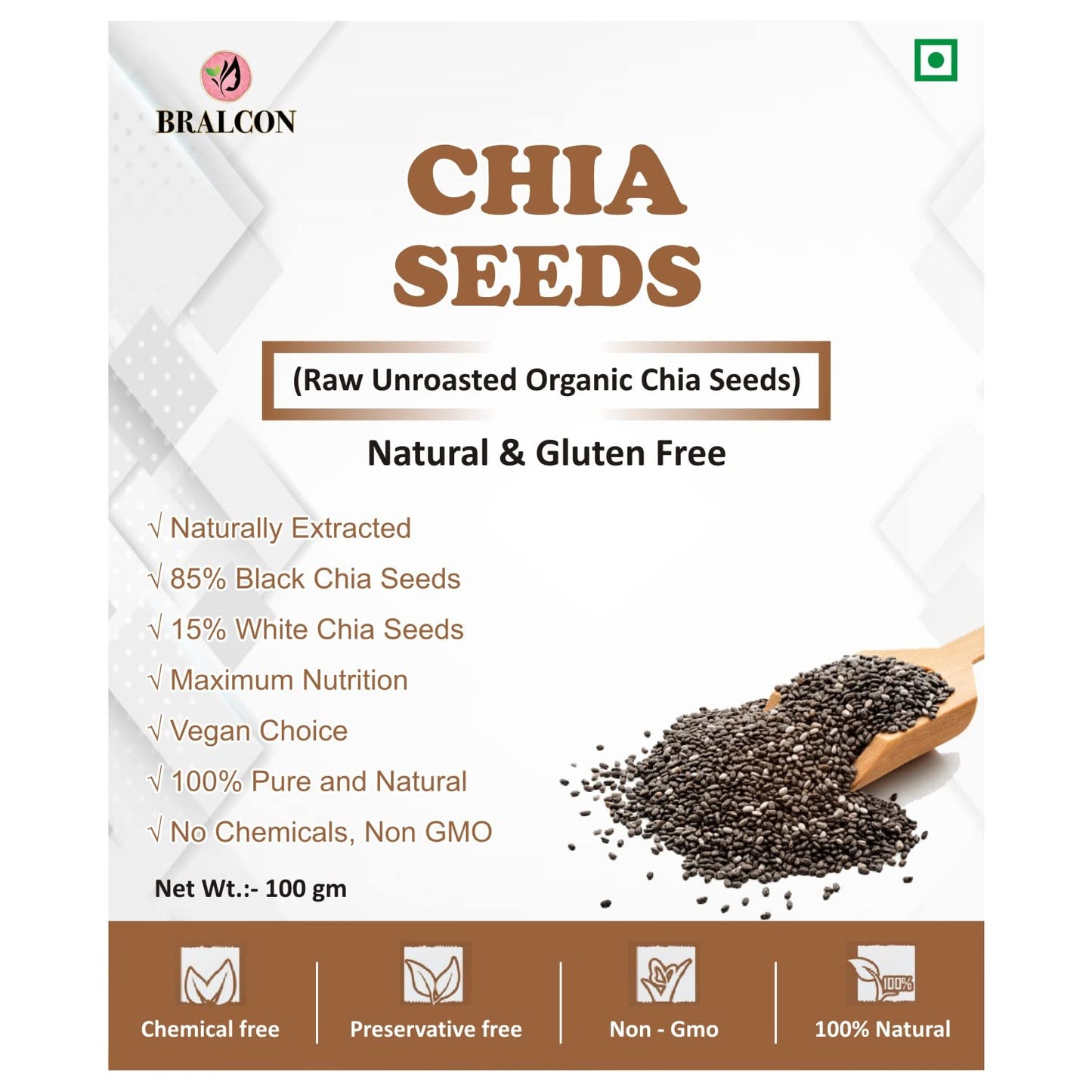 Bralcon Raw Unroasted Organic Chia Seeds - 100 gm