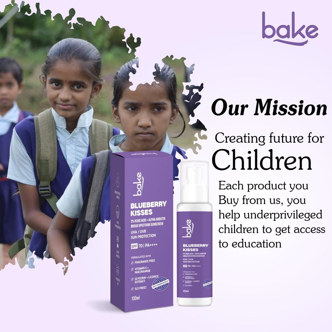 Bake 100% Mineral Water Resistant Sunscreen SPF 70 PA+++ with 2% Kojic Acid, Alpha Arbutin & Niacinamide, 100 gm