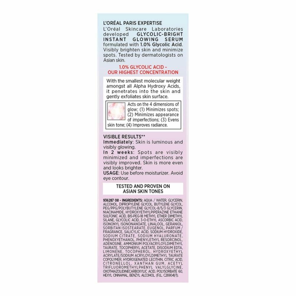 L'Oreal Paris Glycolic Bright 8% [Melasyl + Niacinamide] Face Serum for Brightening Dark Spots 30ml
