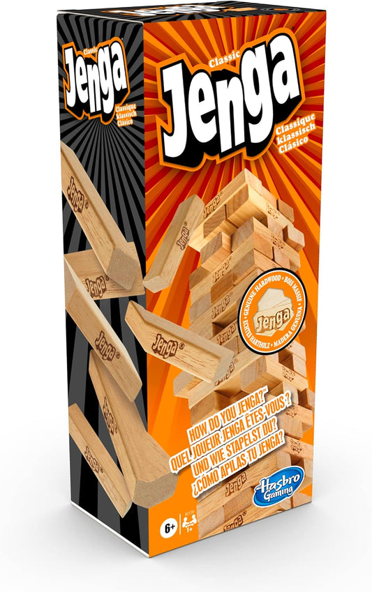 Hasbro Gaming - Classic Jenga Game, Genuine Hardwood Blocks, Jenga Stacking Tower Party Game For Family And Kids Ages 6+, Birthday Gift & Gift For All Ocasions