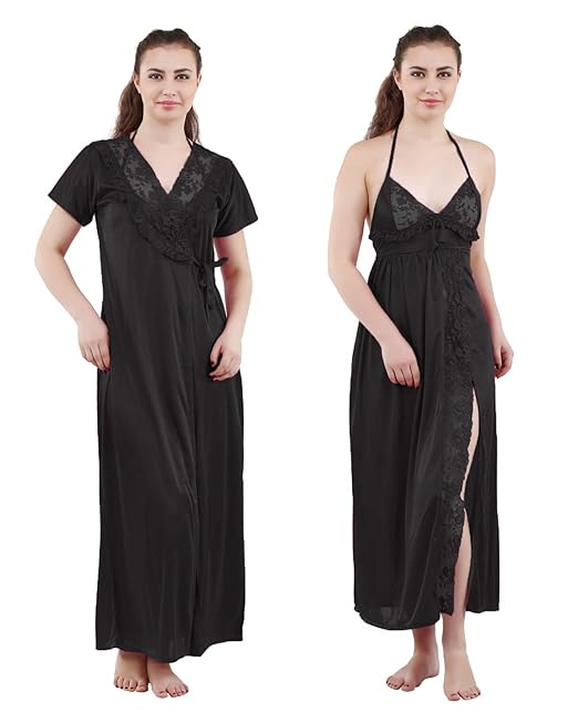 Romaisa Women's Satin Solid Maxi Length Nighty with Robe _Nightwear Set Pack of 2_Free Size