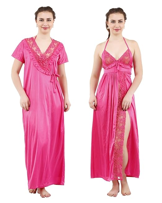 Romaisa Women's Satin Solid Maxi Length Nighty with Robe _Nightwear Set Pack of 2_Free Size