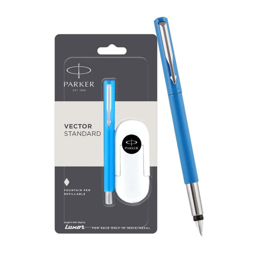 Parker Vector Standard Blue Fountain Pen Chrome Trim Fine Nib with 3 Free Ink Cart (Ink - Blue)