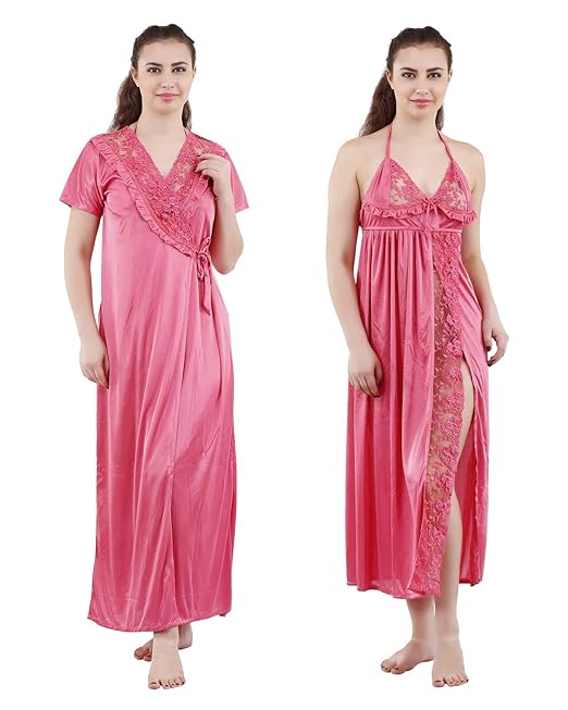 Romaisa Women's Satin Solid Maxi Length Nighty with Robe _Nightwear Set Pack of 2_Free Size